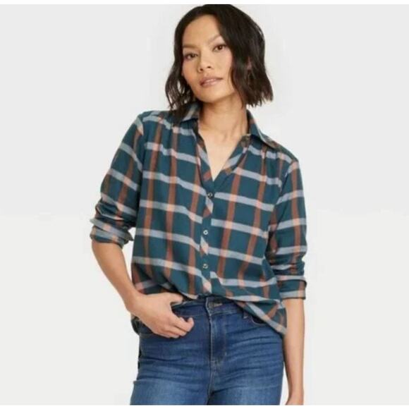 3/$20 ⭐️ Knox Rose Plaid Button Up Shirt Large Navy Blue Western Rodeo Fall Top - Picture 1 of 8